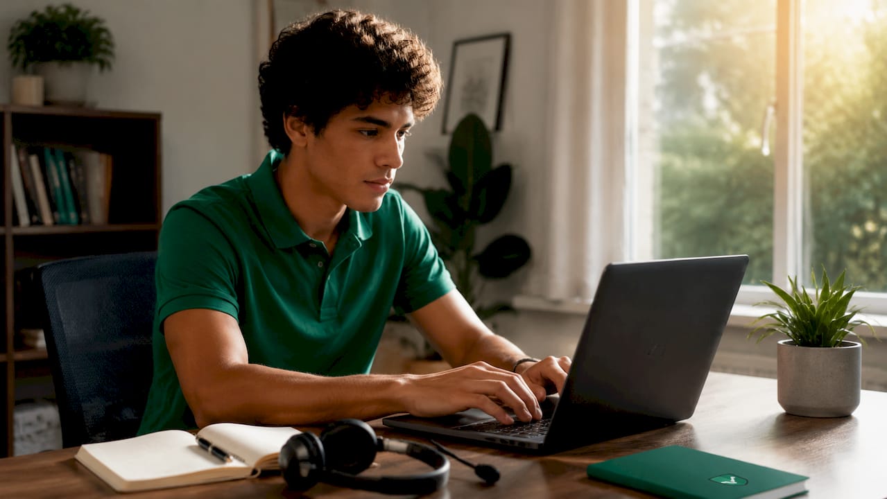 Klantenservicemedewerker reageert op een review achter zijn laptop
