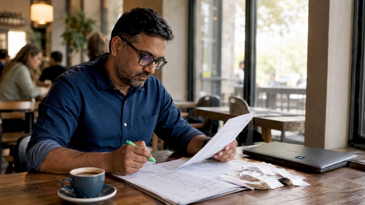 Accountant highlighting invoice exceptions at desk
