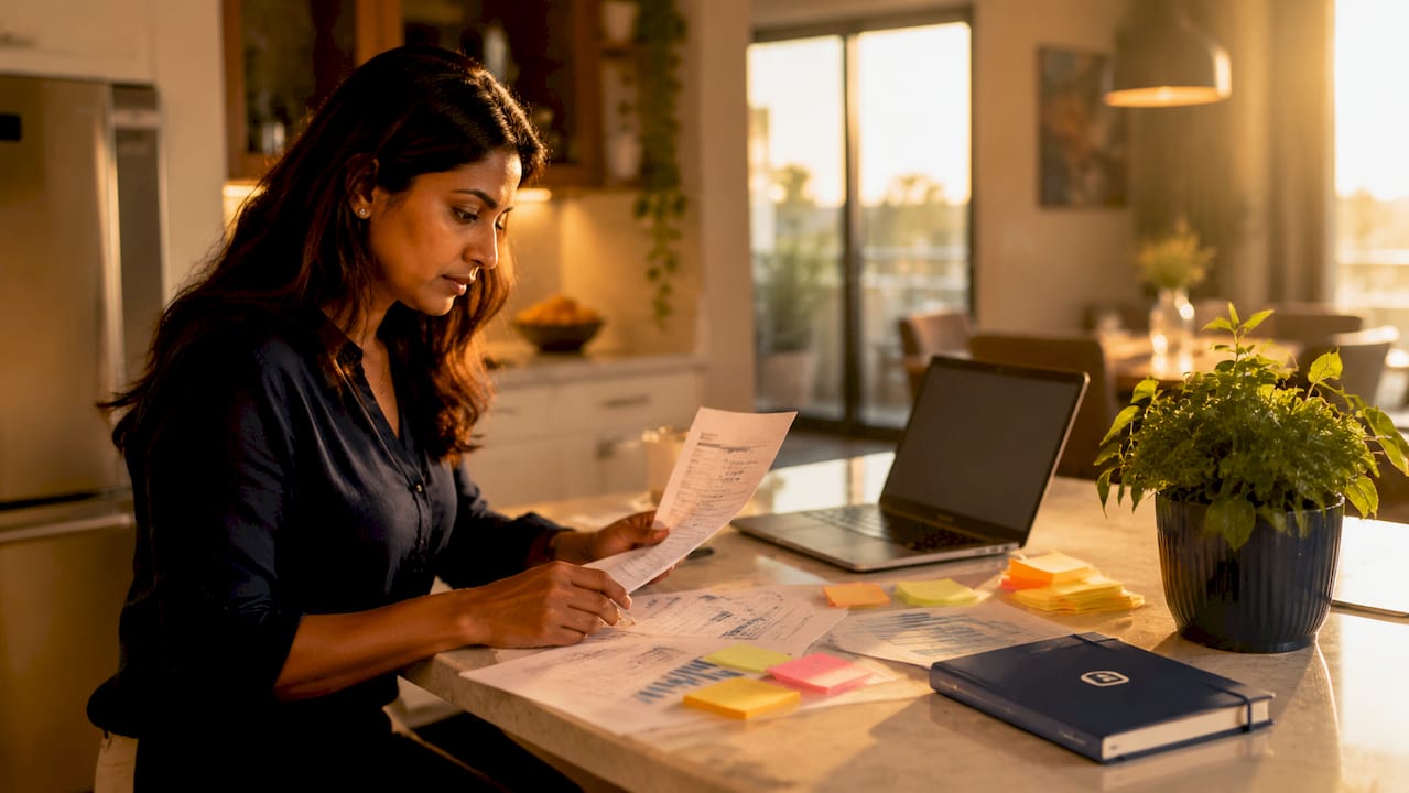 Accountant working at desk with accounting tools