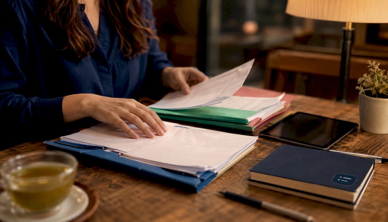 Hands sorting accounting documents on table