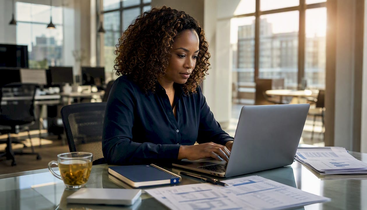 Accountant integrating NLP workflow at desk