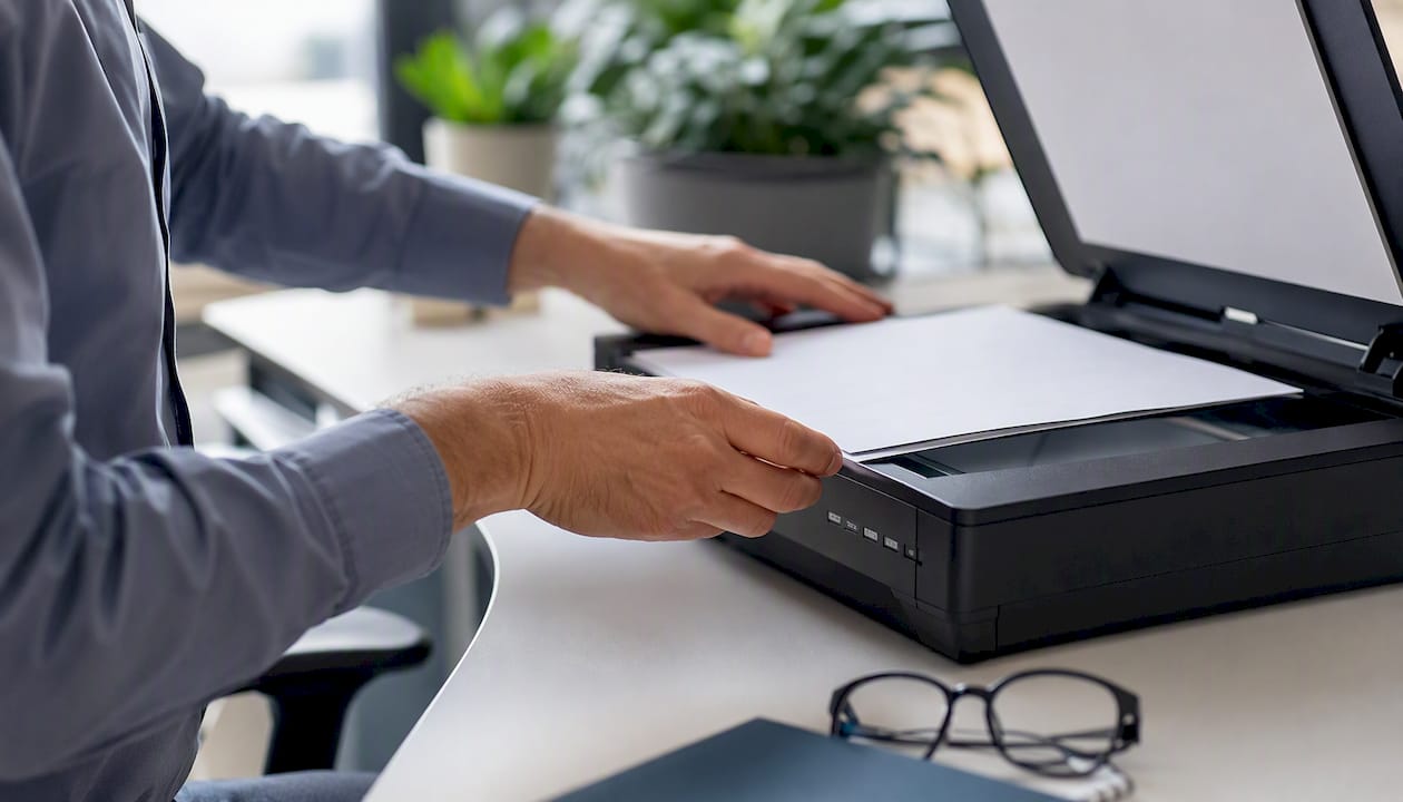 Hands scanning invoice for AI extraction