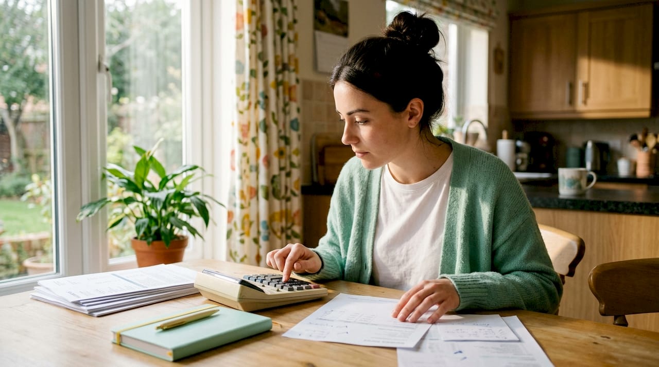 Hands using calculator to calculate premium refund