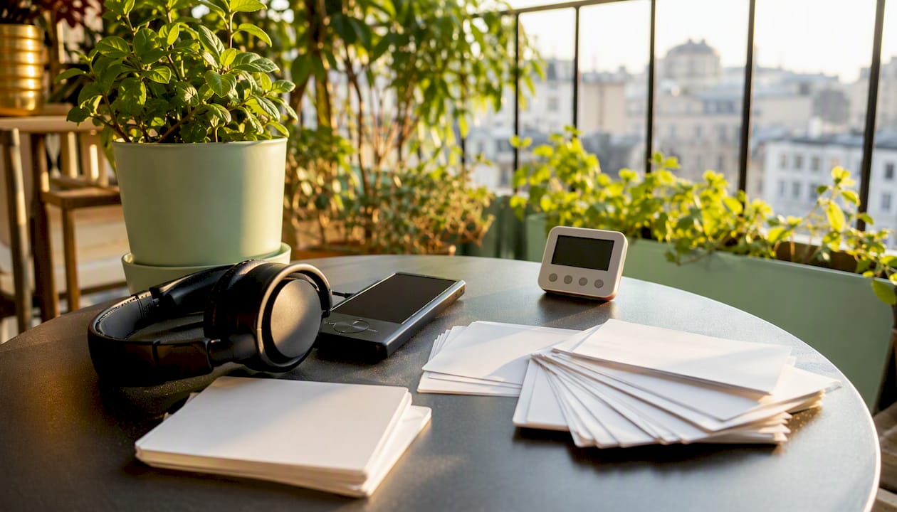 German study tools on desk with headphones and flashcards