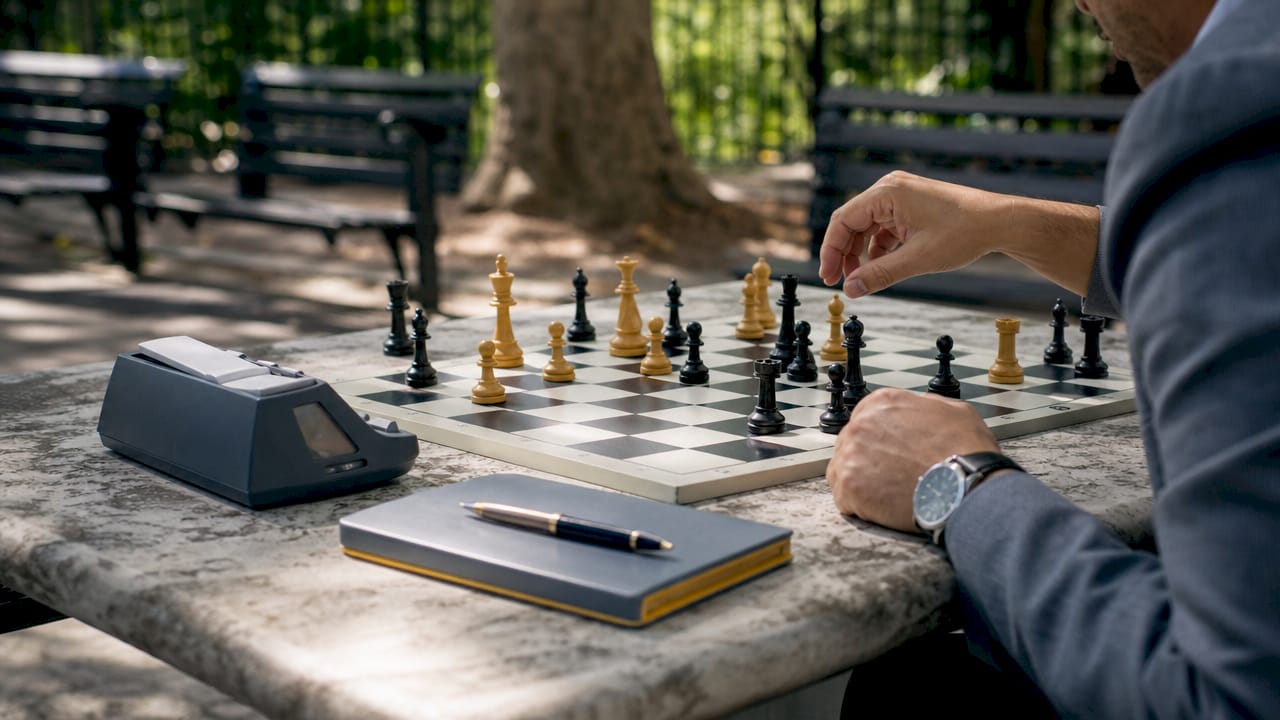 Overhead rapid chess game with clock and hands