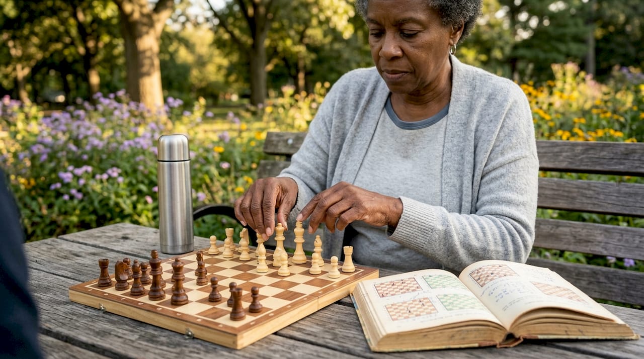 Over-shoulder view of woman studying chess tactics