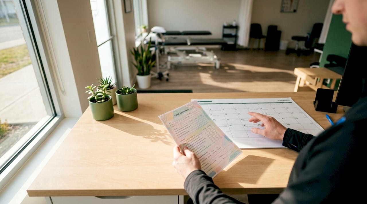 Detailopname van handen boven een behandelplan en een agenda