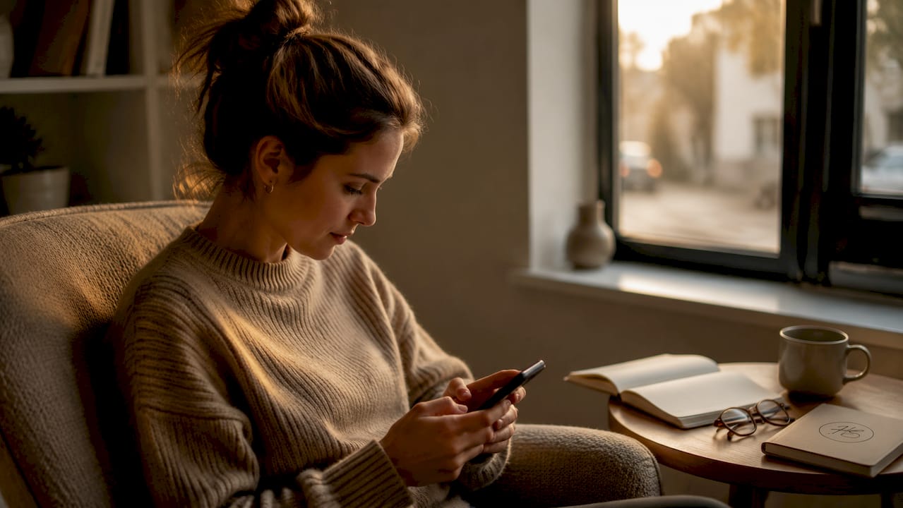 Een vrouw zit aan de eettafel en tuurt gebogen naar haar telefoon.