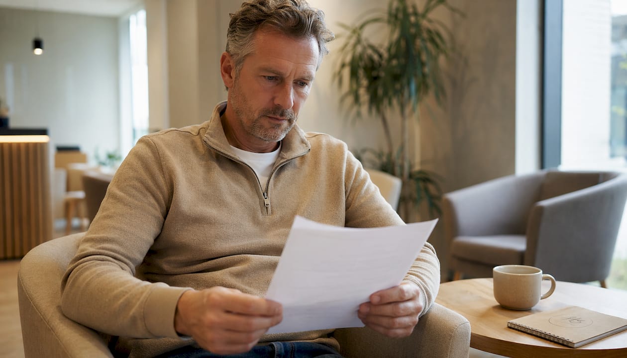 Een man leest zijn verwijsbrief terwijl hij in de wachtkamer zit.