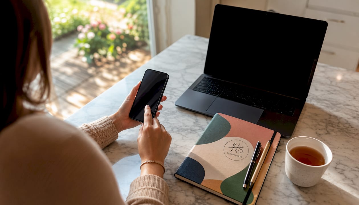 Iemand vult op zijn smartphone een digitale vragenlijst in voor de fysiotherapie.