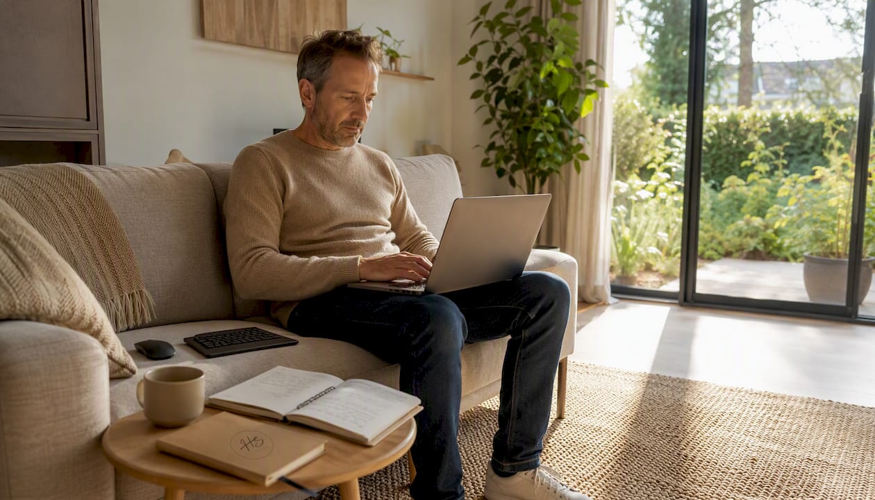 Man zorgt voor een ergonomische werkplek met laptop op kantoor