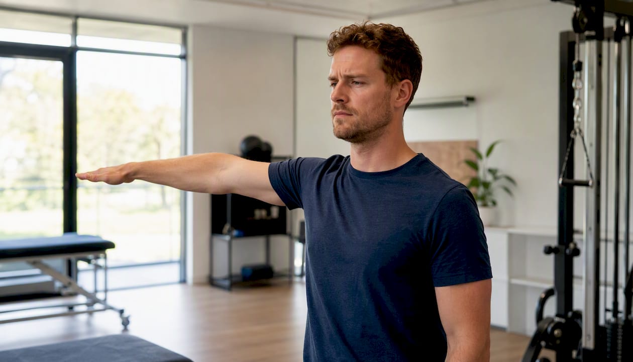 Iemand die zijn arm optilt en daarbij last heeft van zijn schouder