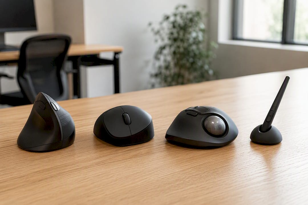 Verschillende soorten ergonomische muizen op het bureau