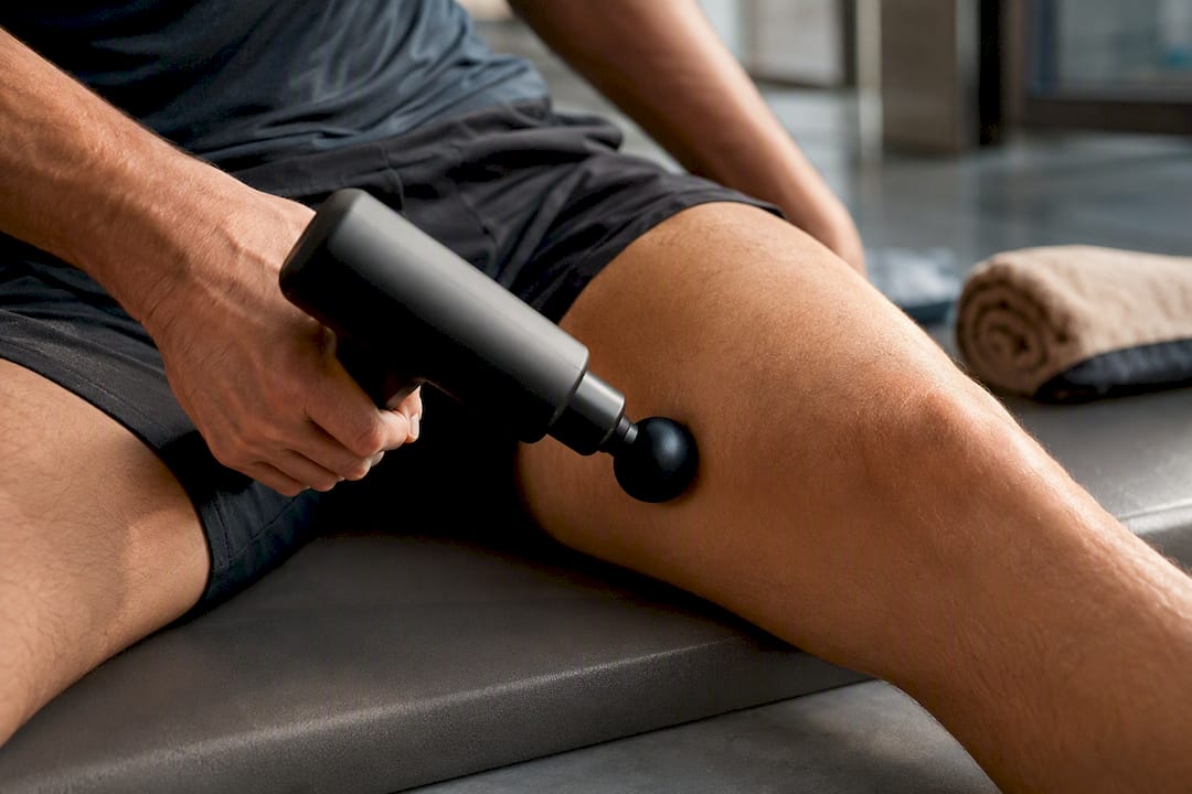 Voorzichtige massage met apparaat op bovenbeenspier