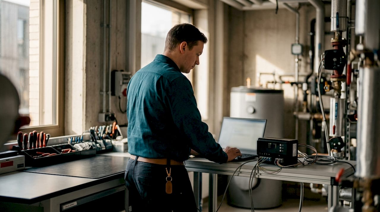 Engineer adjusting heating equipment controller