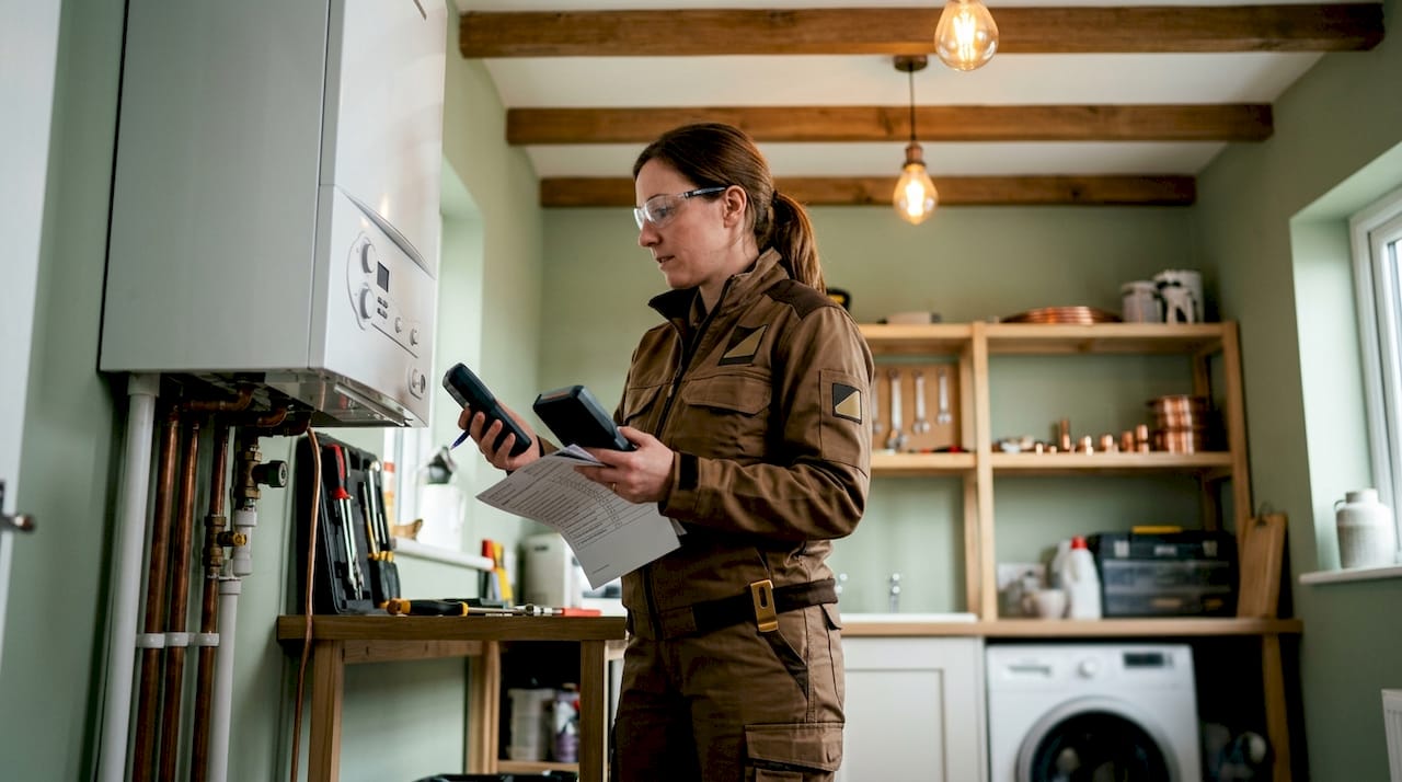 Engineer inspecting boiler during gas safety check
