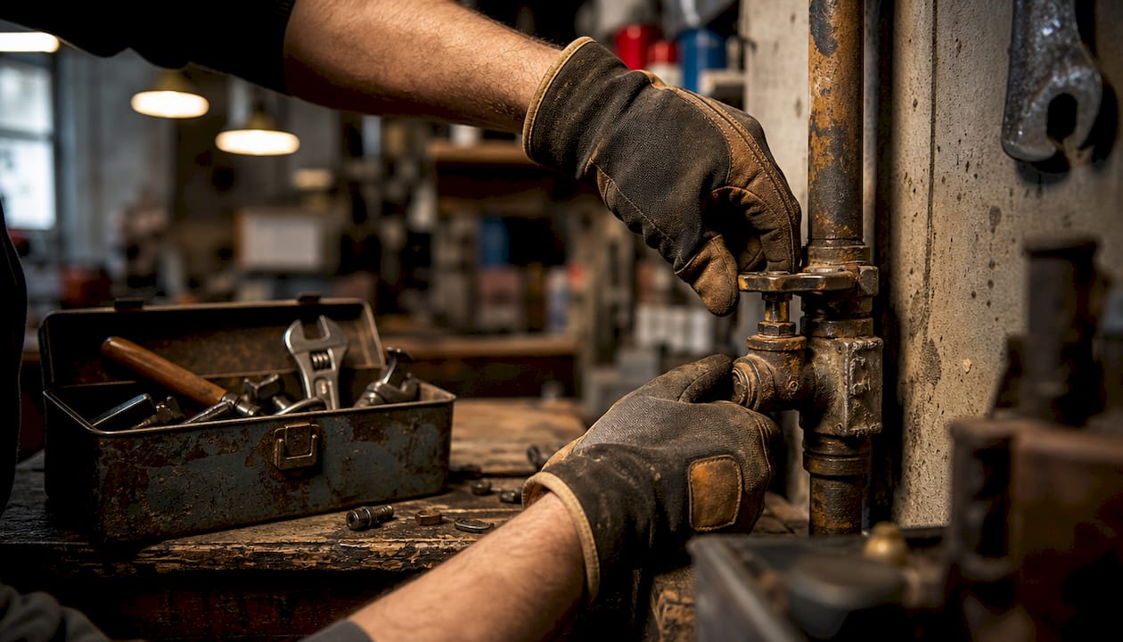 Hands testing rusted stopcock valve
