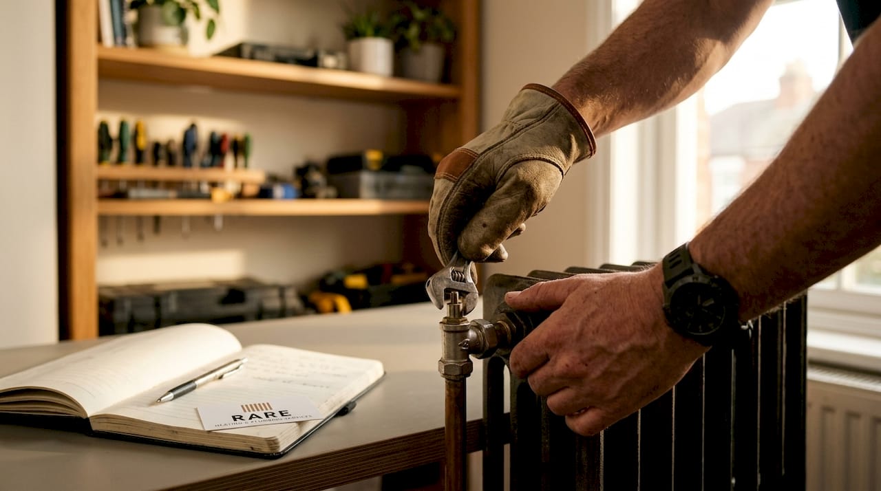Hands testing heating unit connections with multimeter