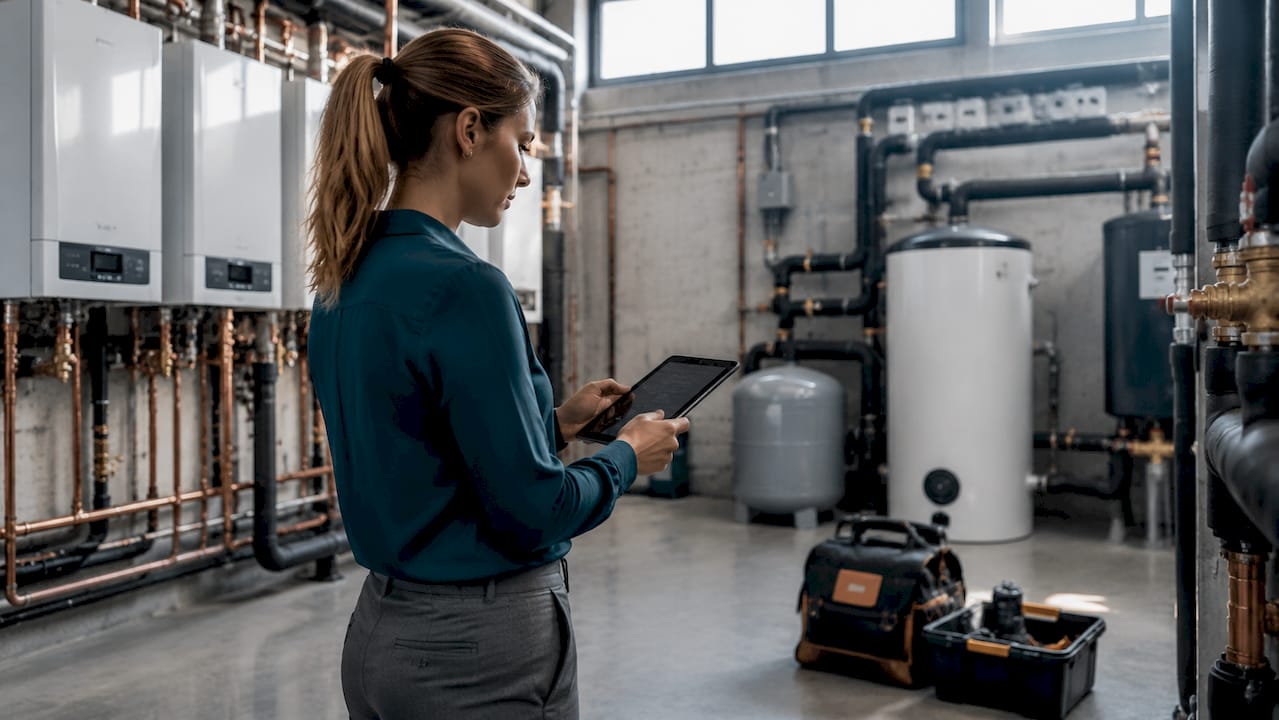 Facility manager using CAFM tablet on site