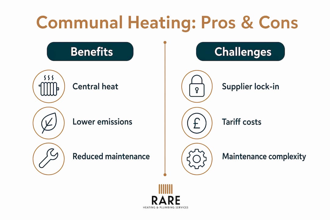 Infographic comparing benefits and challenges of communal heating