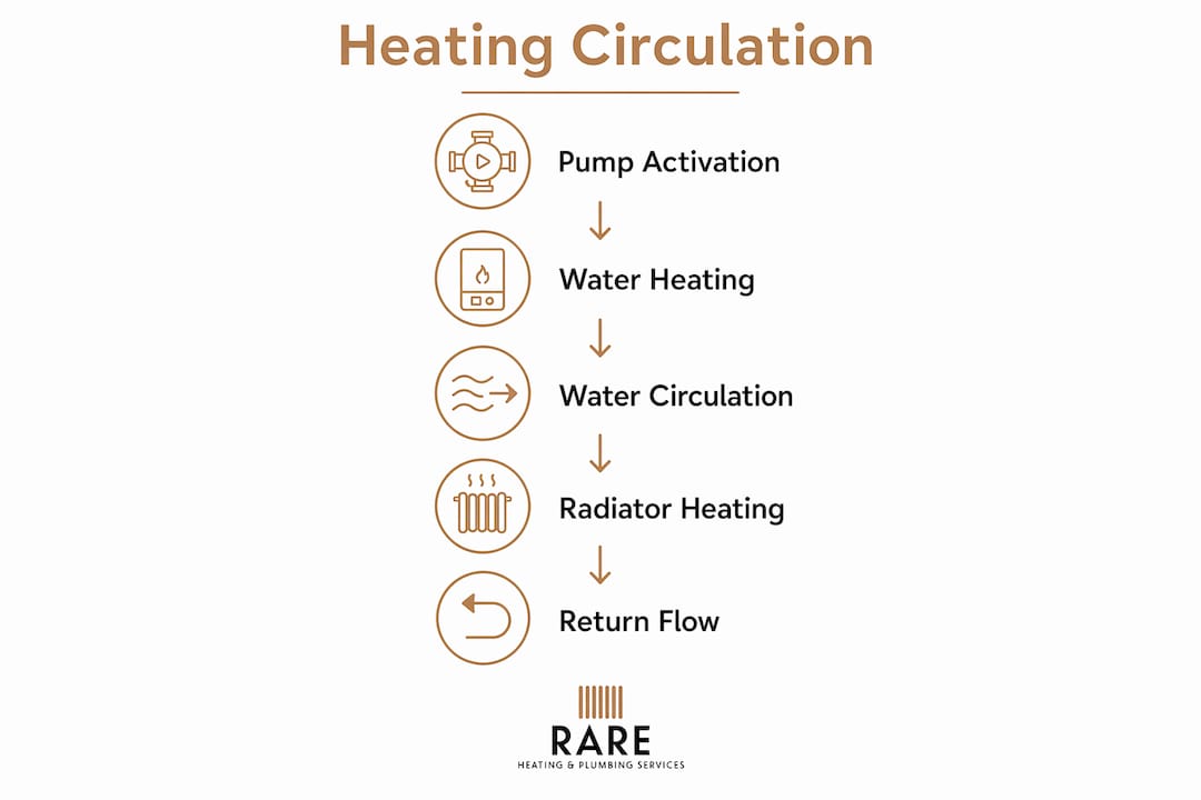 Infographic illustrating central heating circulation steps