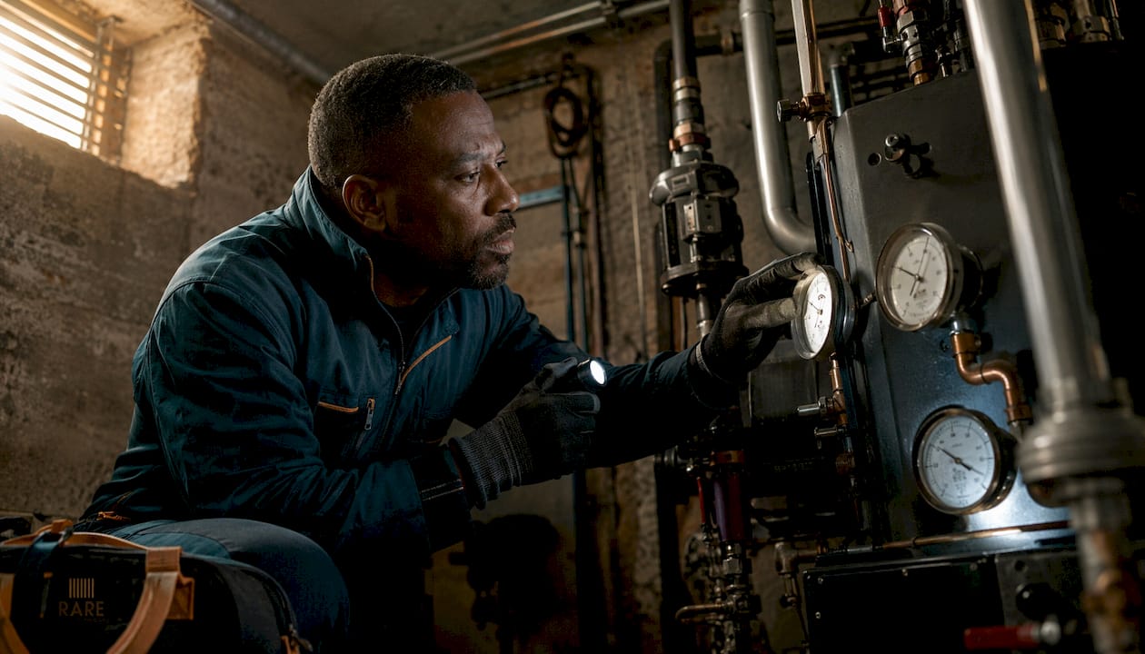 Heating engineer inspecting boiler in basement plant room