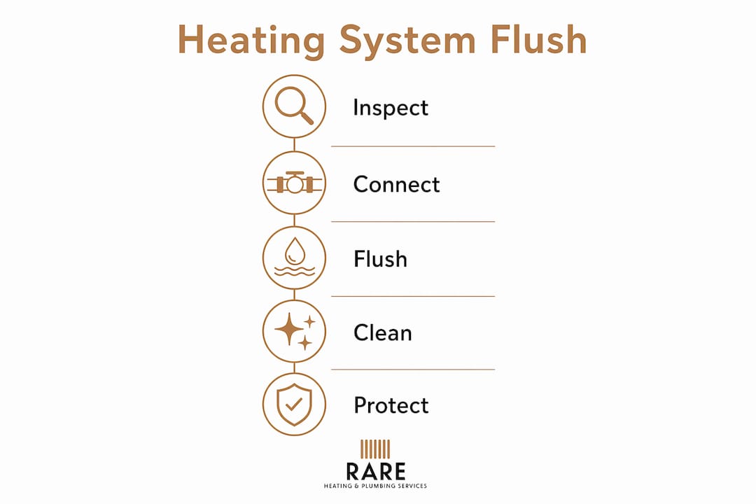 Infographic showing heating system flush step-by-step process