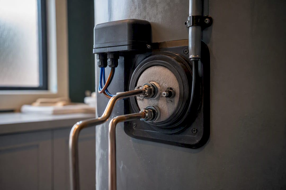 Immersion heater element close-up in utility room