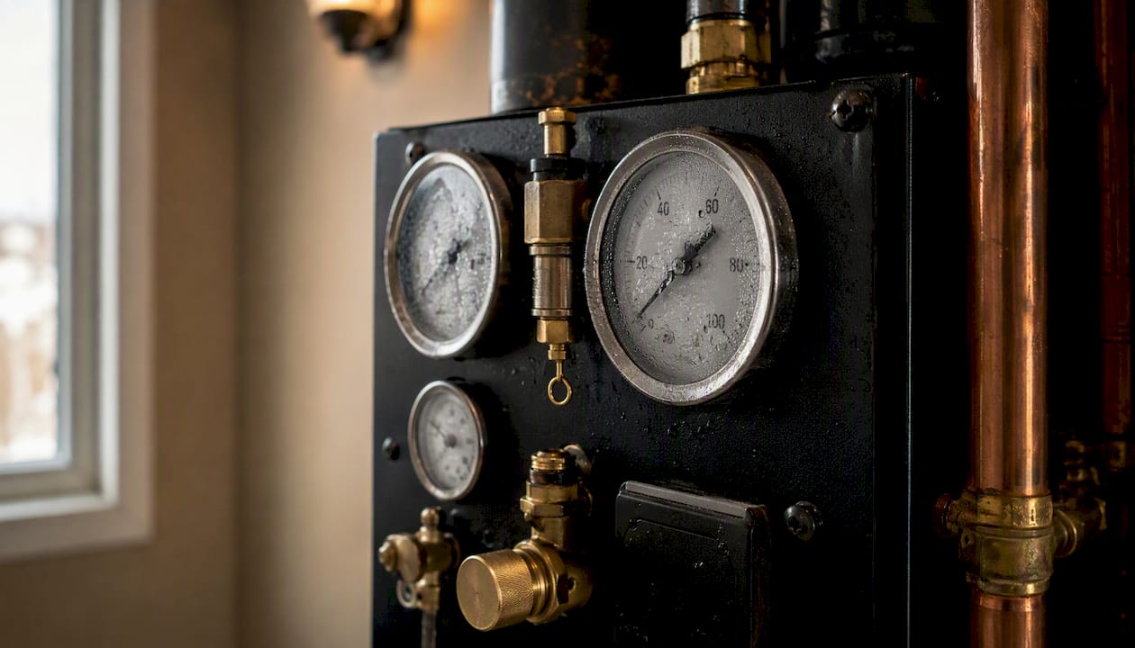 Boiler pressure and temperature gauges close-up