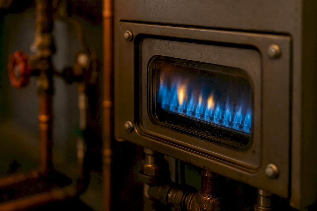 Close-up of boiler flame with yellow flicker