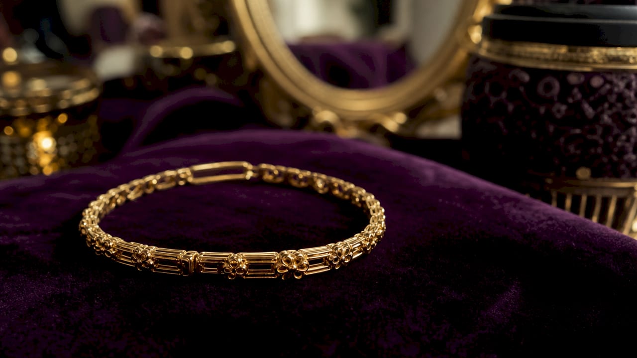 Macro of 14K gold ring and necklace on fabric