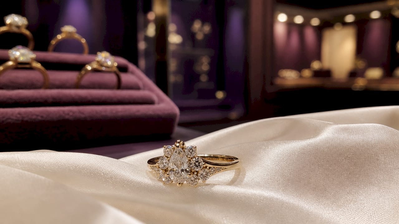 Lab-grown diamond cluster ring on jeweler's workbench