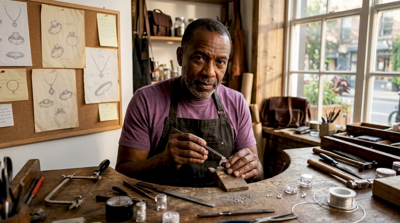 Artisan hands setting stones in jewelry workshop