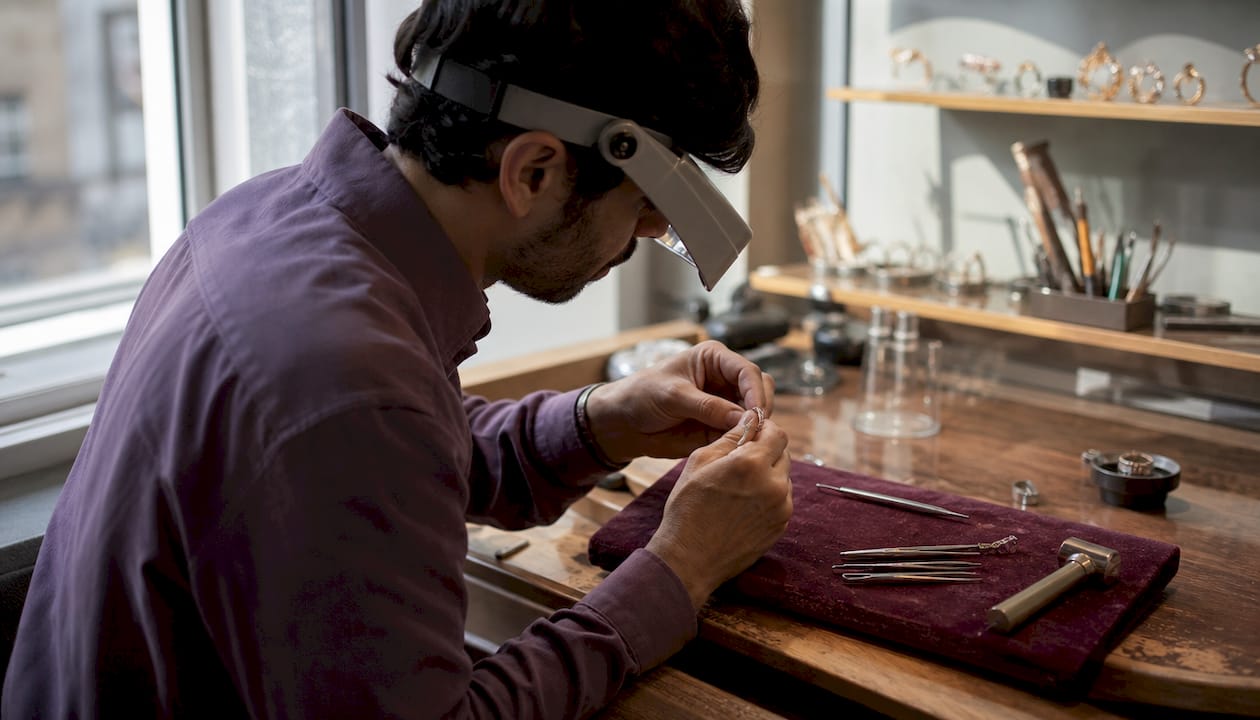 Jeweler setting pavé diamonds at workbench