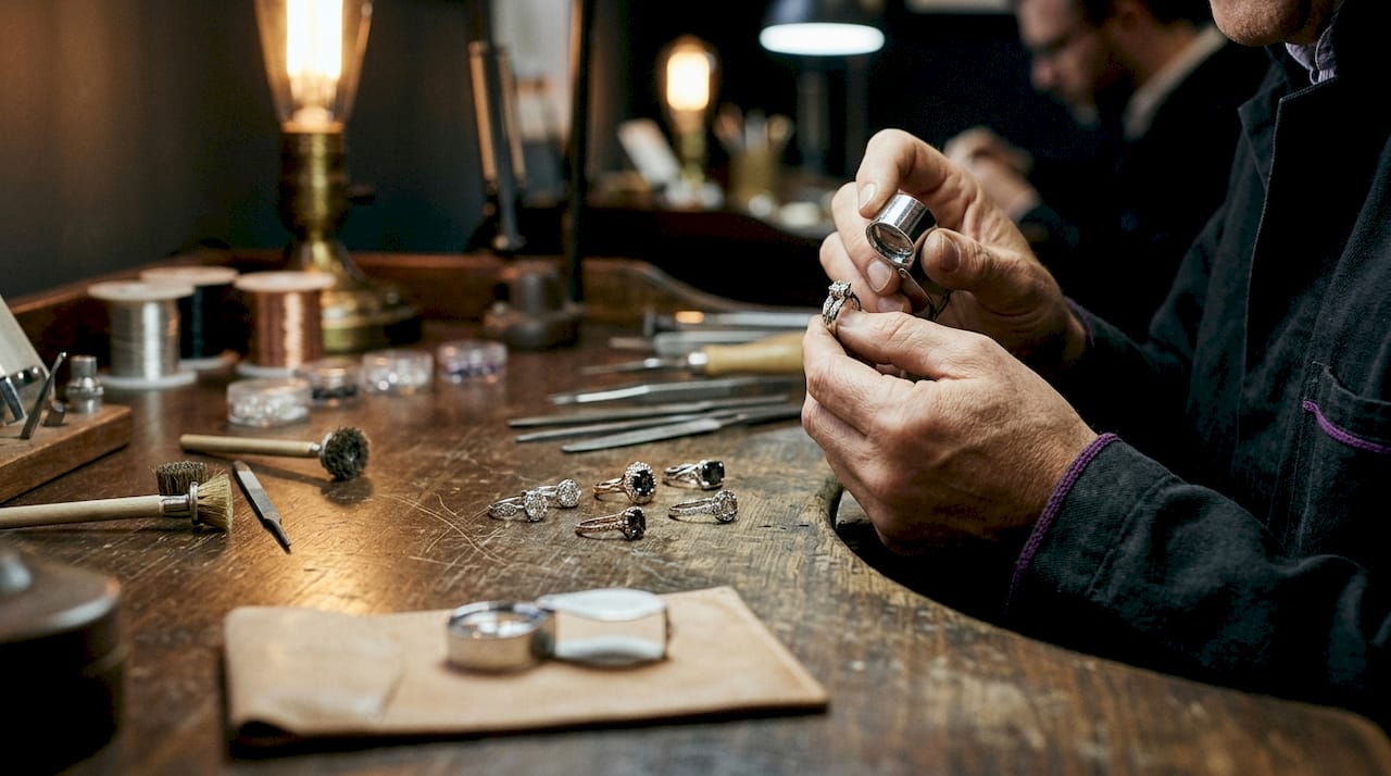 Close-up of jeweler inspecting affordable ring settings