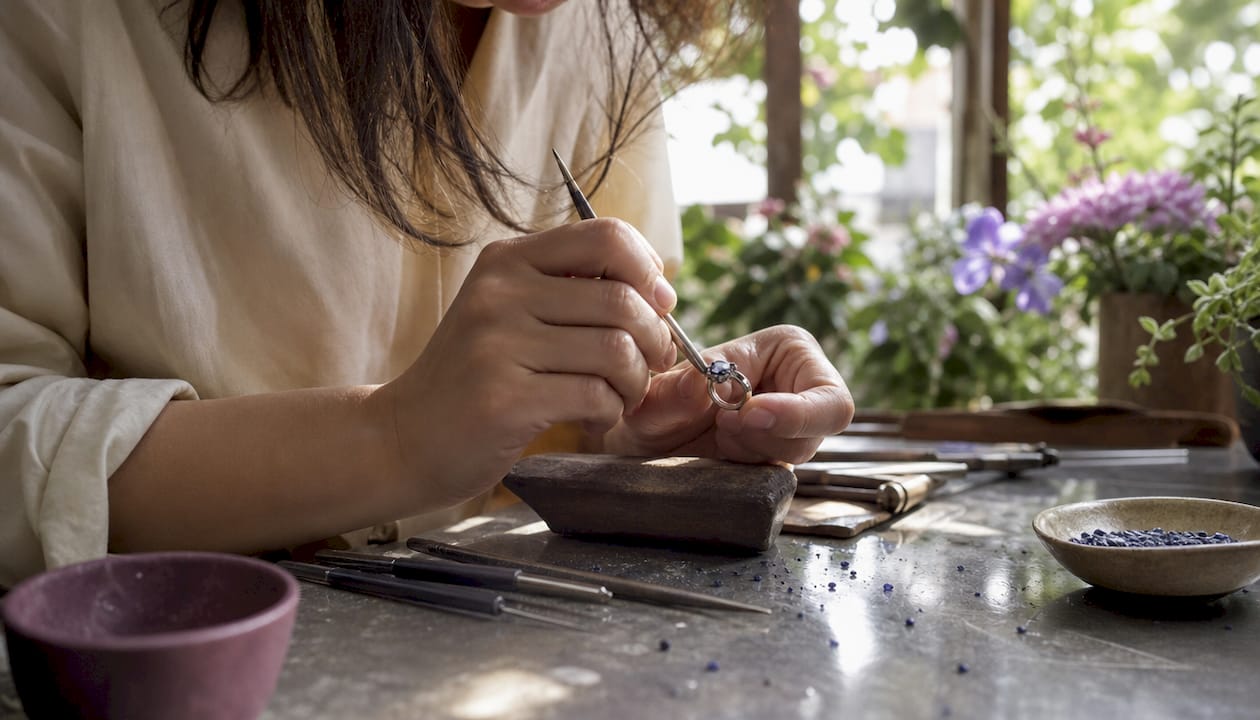 Close-up hands setting sapphire in ring by jeweler