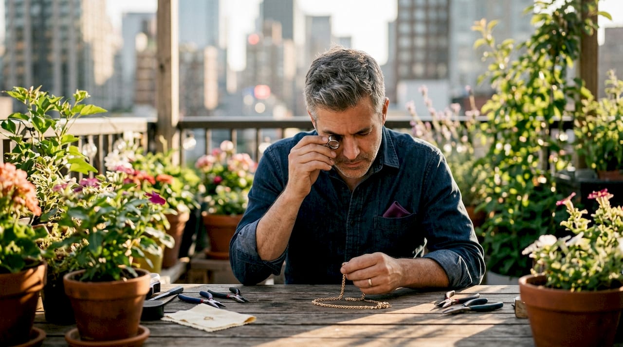 Jeweler inspecting recycled gold chain closely