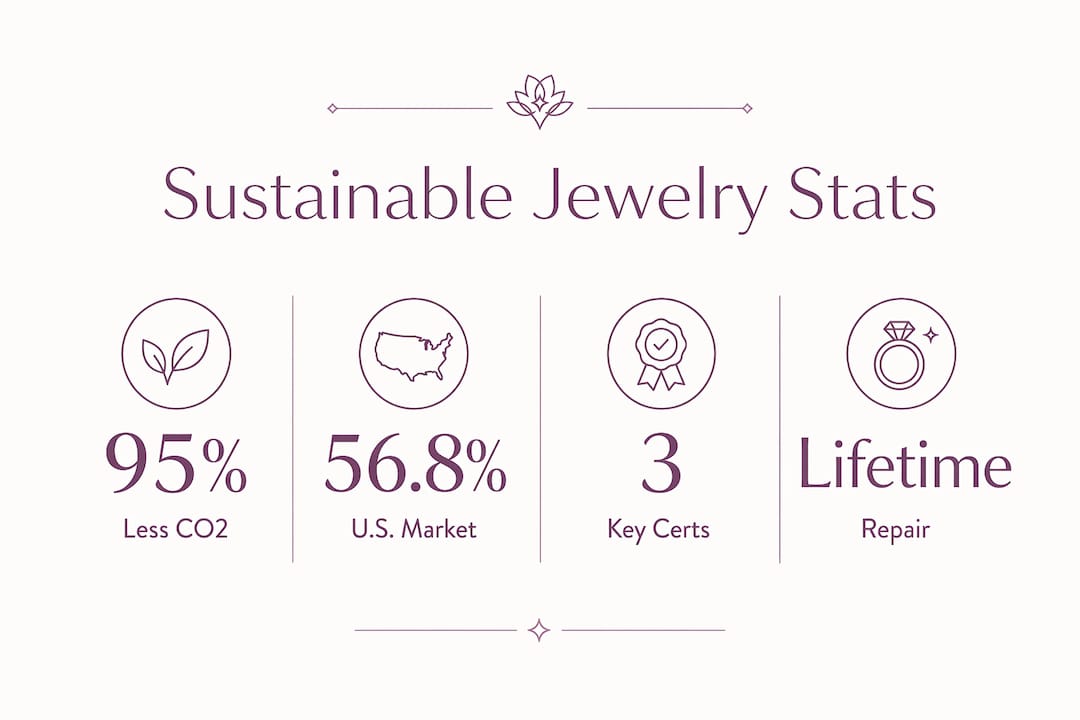 Infographic showing sustainable jewelry statistics and certifications