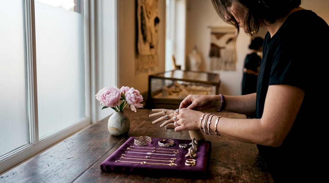 Close-up hands stacking layered bracelets and rings