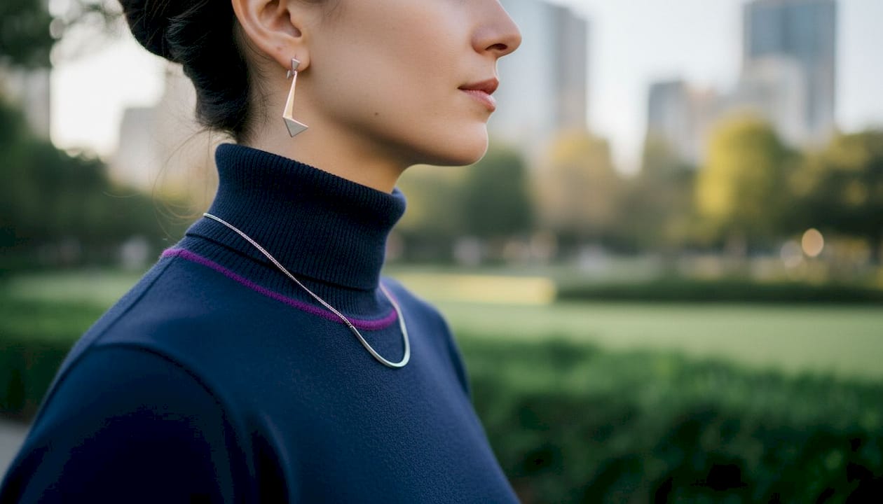 Close-up of geometric fine jewelry on minimalist outfit
