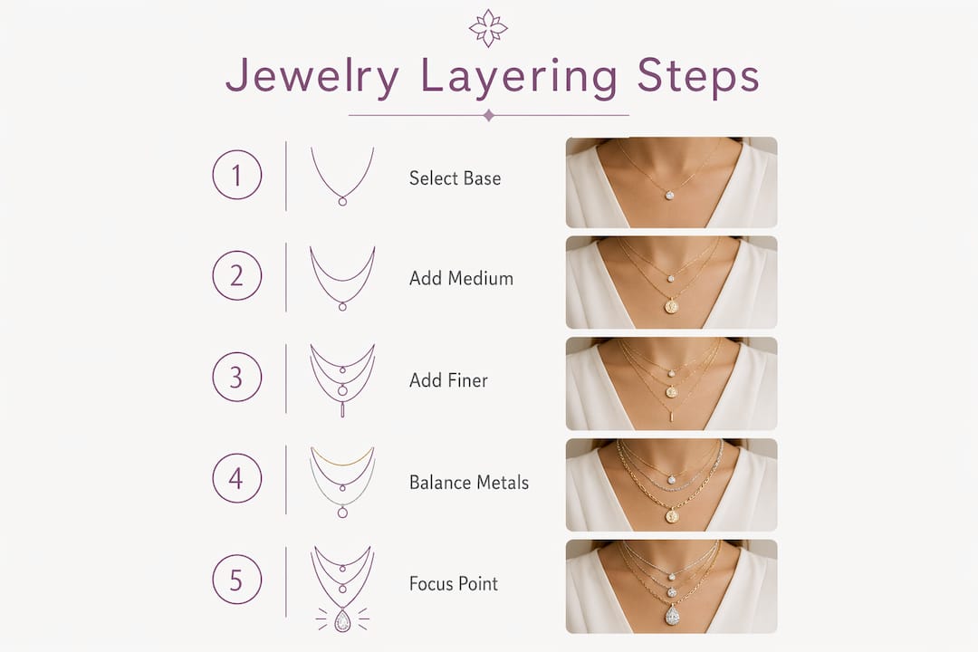 Infographic showing minimalist jewelry layering steps