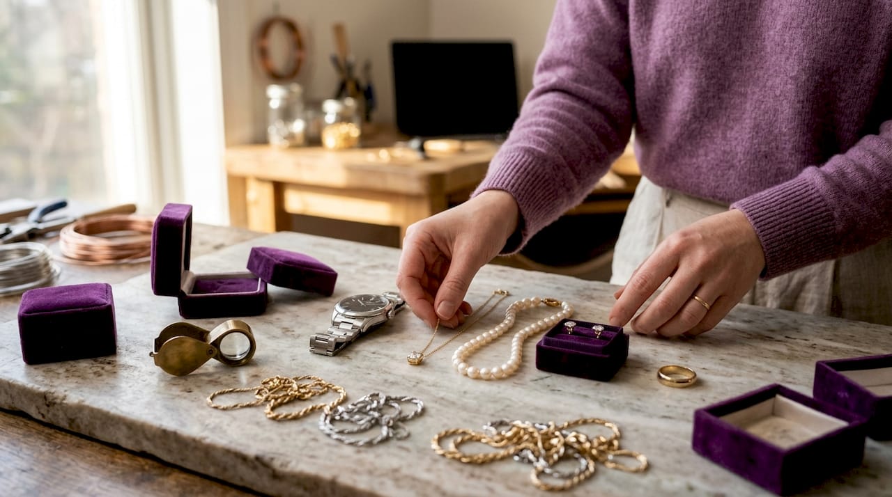 Hands arranging professional jewelry collection