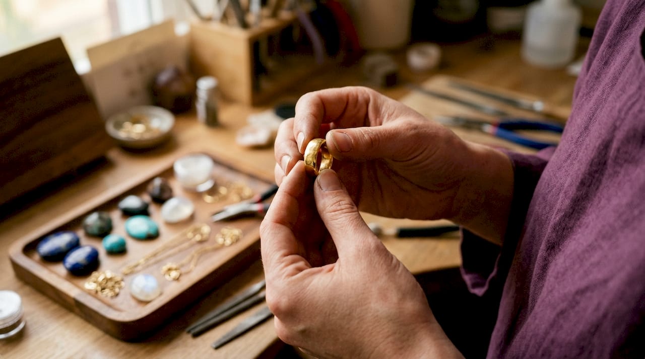 Close-up of gold-plated ring under examination light