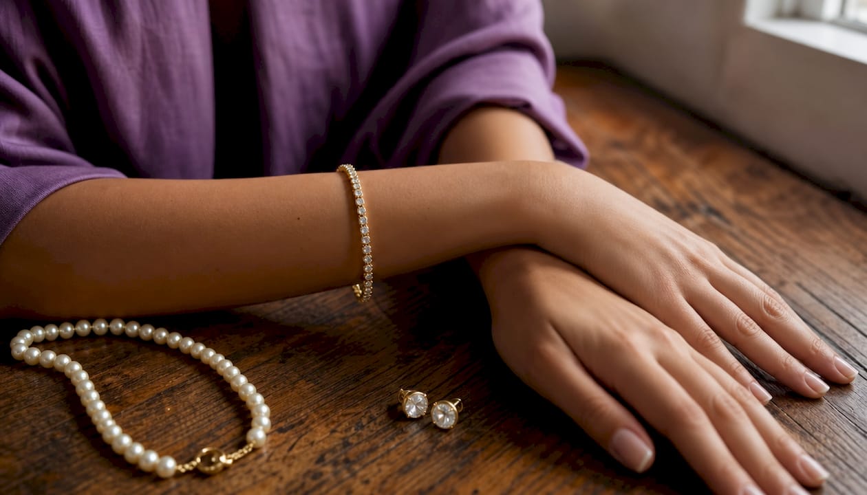 Hand with classic timeless jewelry pieces