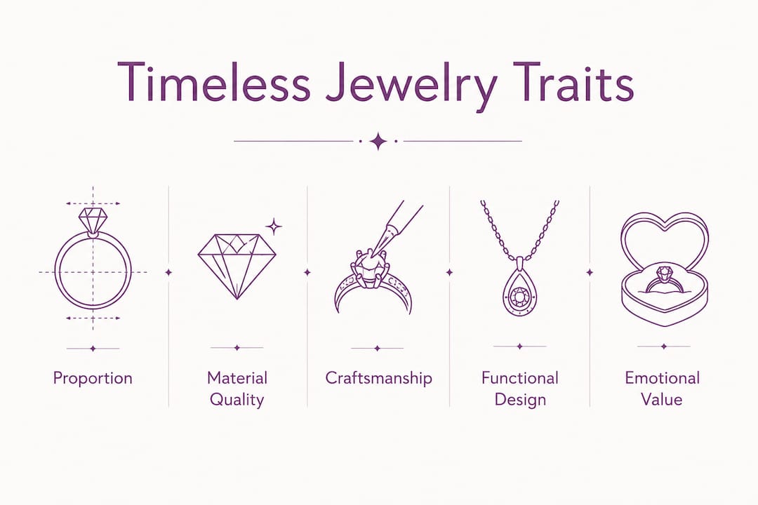 Infographic outlining key traits of timeless jewelry