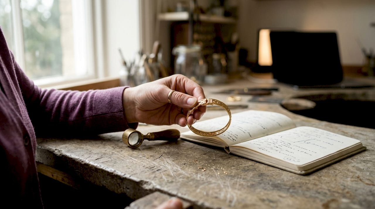 Hands inspecting hallmark on gold bracelet