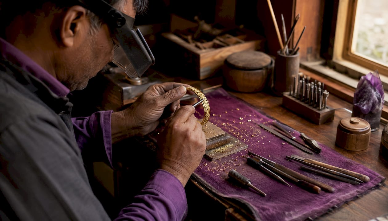 Close-up of jeweler’s hands carving gold bracelet
