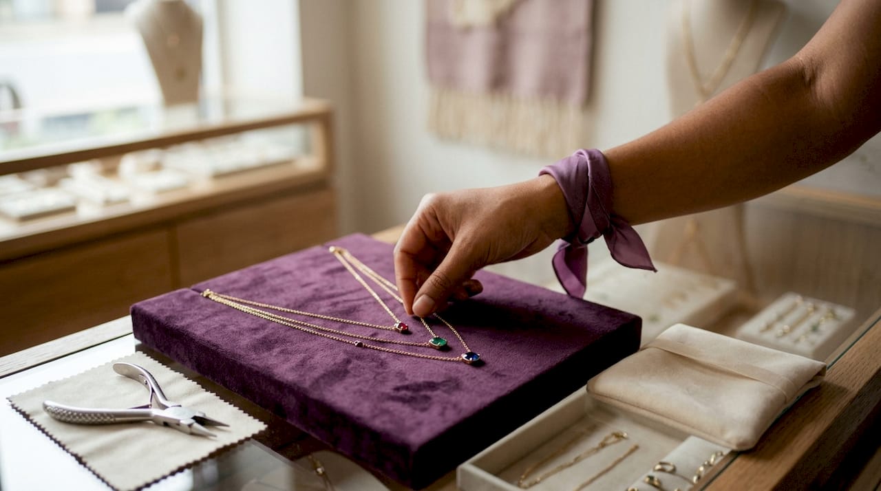 Layered birthstone necklaces on stand