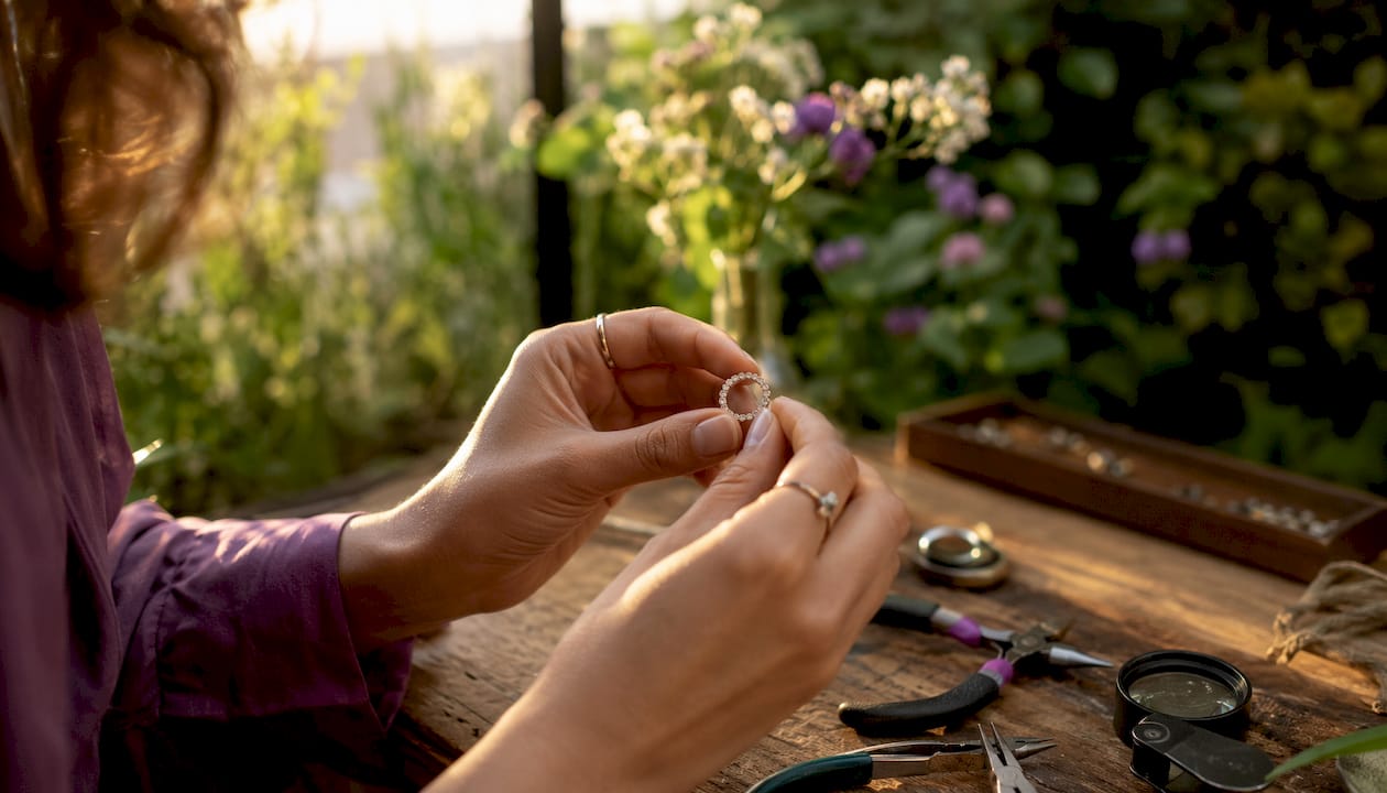 Hands assembling circular pendant with ethical materials