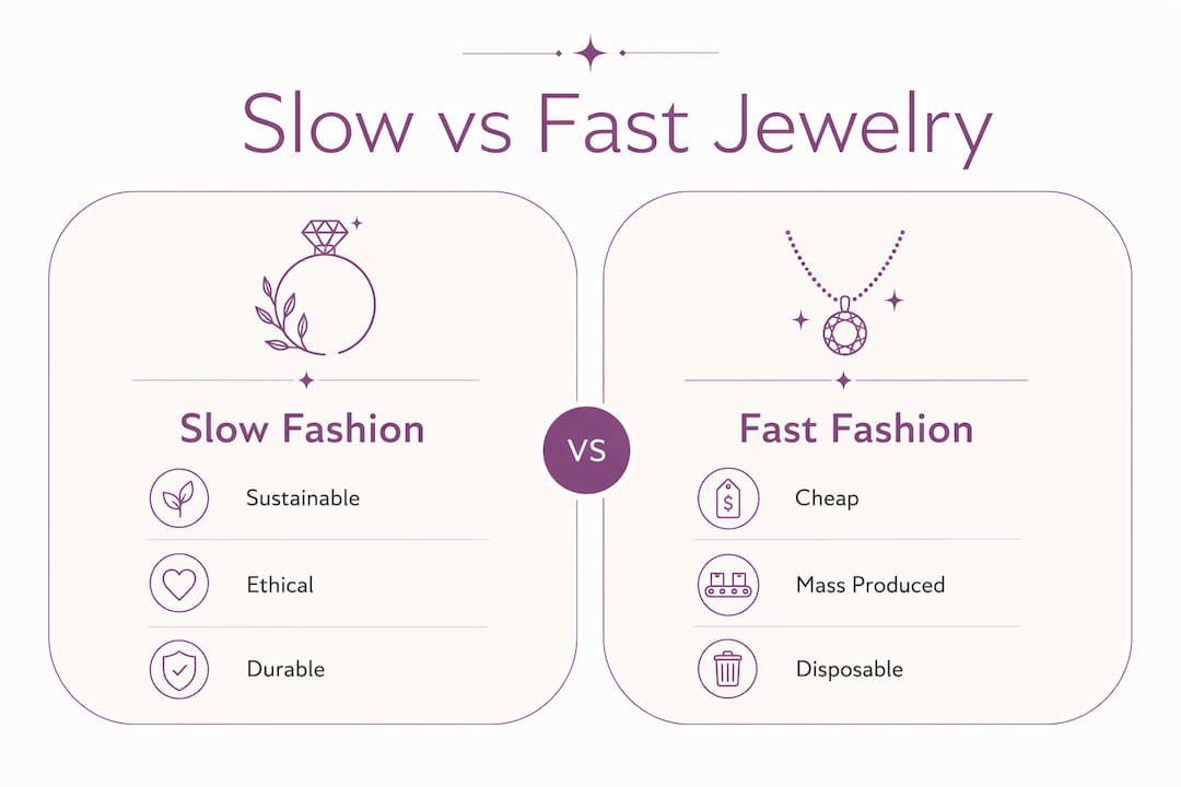 Infographic showing slow versus fast fashion jewelry attributes